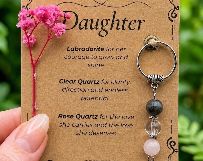 Personalised Daughter Keepsake: Labradorite, Clear Quartz, Rose Quartz Gemstone Charm