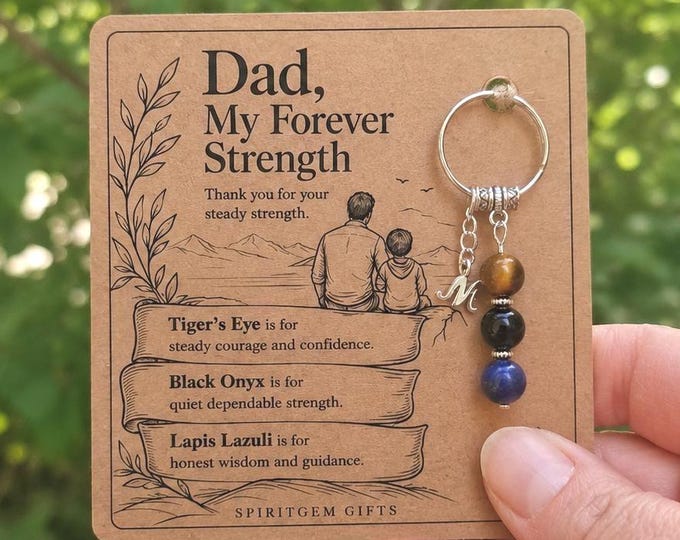 Personalised Dad Strength Crystal Keyring with Illustrated Keepsake Card, Fathers Day Gift