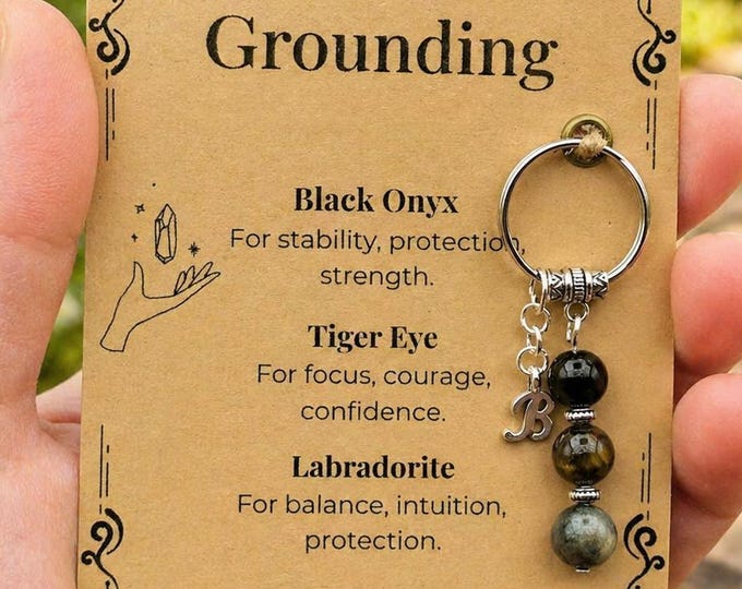 Personalised Grounding Keyring, Black Onyx, Tiger Eye, Labradorite Protection Charm