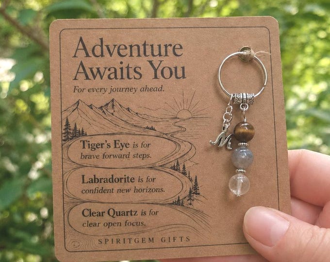 PERSONALISED NEW ADVENTURE Crystal Keyring, Travel Gift with Illustrated Keepsake Card