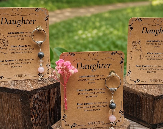 Personalised Daughter Crystal Keyring, Labradorite, Clear Quartz, Rose Quartz, Keepsake