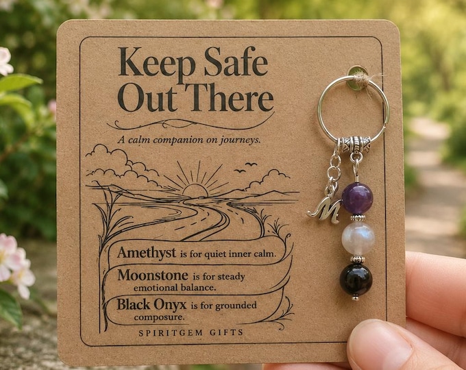 PERSONALISED SAFE JOURNEY Crystal Keyring, Travel Gift with Illustrated Keepsake Card