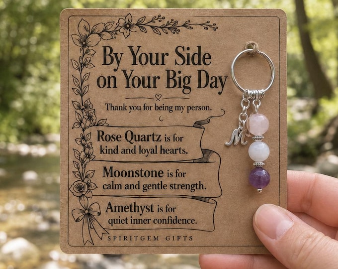 Personalised BRIDESMAID Crystal Keyring with Illustrated Keepsake Card Wedding Thank You Gift