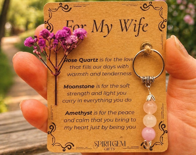 Personalised Wife Keyring, Rose Quartz Moonstone Amethyst Gemstone Charm