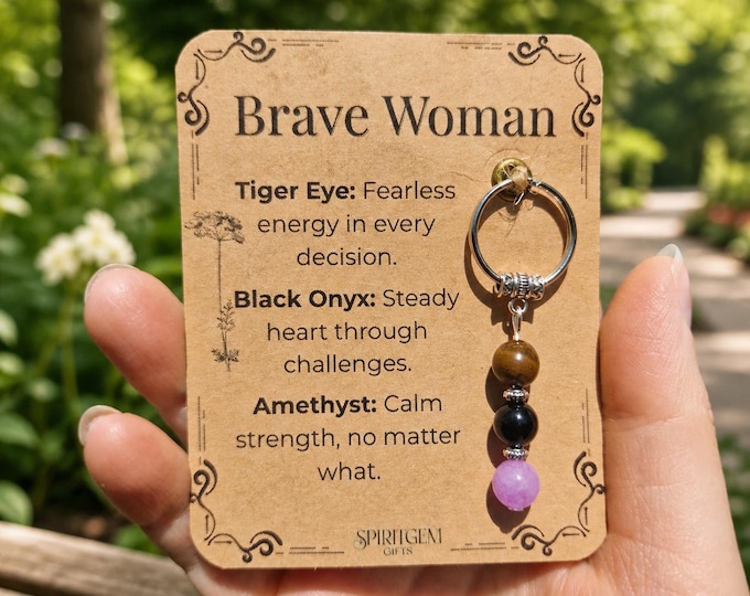 Personalized Brave Woman Gemstone Keyring: Tiger Eye, Onyx, Amethyst