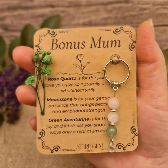 PERSONALISED BONUS MUM keyring. Gift for Step mum, Mother Figure, Thank You Mum, Crystal Keyring with Meaning, Bonus Mum Birthday Gift.
