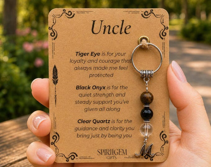 Personalised Uncle Crystal Keyring, Tiger Eye, Black Onyx, Clear Quartz, Gifts