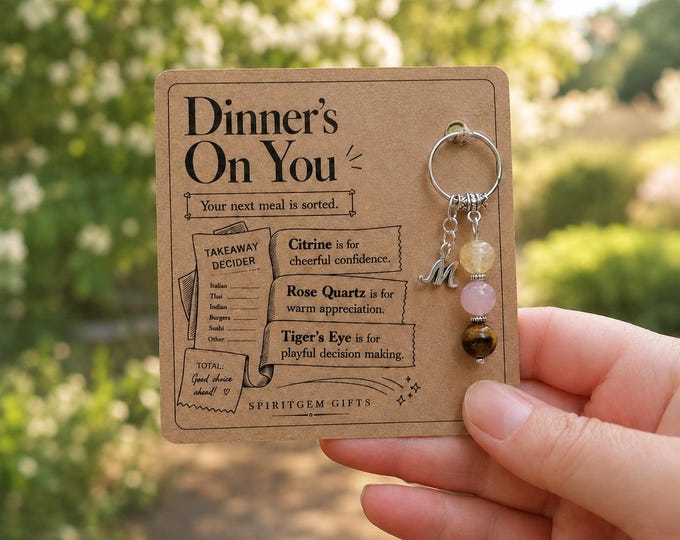 Personalised Dinner’s On You Crystal Keyring with Illustrated Keepsake Card Foodie Gift