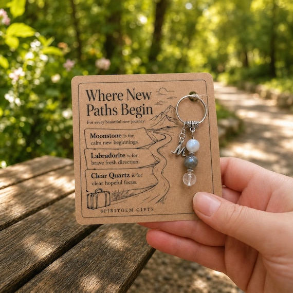 PERSONALISED NEW ADVENTURE Crystal Keyring, Travel Gift with Illustrated Keepsake Card