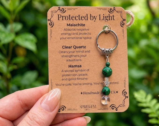 Personalised Anxiety Relief Gift Malachite Clear Quartz Hamsa Keyring, , UK Handmade