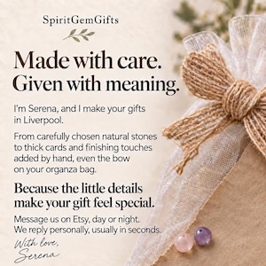 The image is a promotional graphic for a gift-making service called "SpiritGemGifts". It features a bow made of burlap and a small gift bag with a purple and pink gemstone. The text on the image encourages the viewer to make gifts with care and meaning, and provides a contact information for the service.