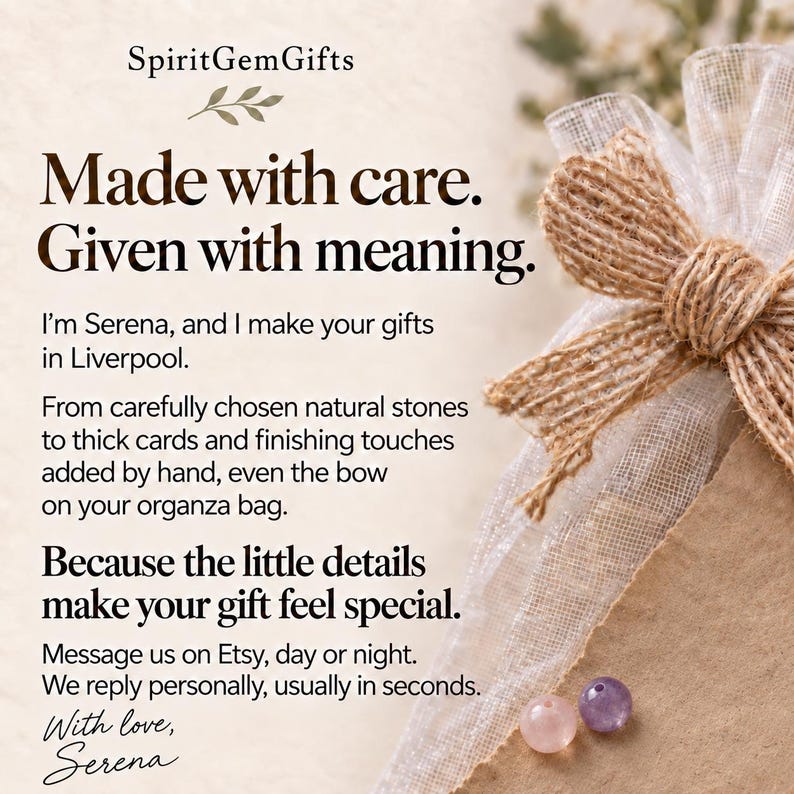 The image is a promotional graphic for a gift-making service called "SpiritGemGifts". It features a bow made of burlap and a small gift bag with a purple and pink gemstone. The text on the image encourages the viewer to make gifts with care and meaning, and provides a contact information for the service.