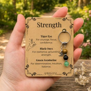 Puede incluir: Un llavero con un anillo plateado y tres cuentas de piedras preciosas: ojo de tigre, ónix negro y aventurina verde. El llavero cuelga de una tarjeta marrón con la palabra "Fuerza" y descripciones de piedras preciosas.