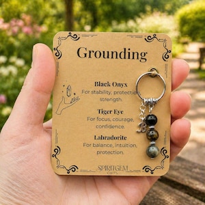 Personalised Grounding Keyring, Black Onyx, Tiger Eye, Labradorite Protection Charm