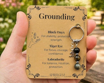 May include: A keychain featuring three spherical beads in black, brown, and grey, attached to a silver metal ring with a letter B charm. The keychain is mounted on a rectangular tan card labeled Grounding with text describing Black Onyx, Tiger Eye, and Labradorite.
