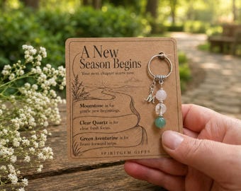 May include: A silver-toned metal ring charm featuring a dangling letter M, a pale pink moonstone bead, a clear quartz bead, and a green aventurine bead, attached to a rectangular kraft paper card with the text A New Season Begins.