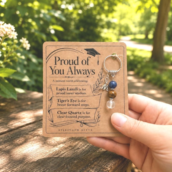 PERSONALISED GRADUATION Crystal Keyring, Proud of You Gift with Illustrated Keepsake Card