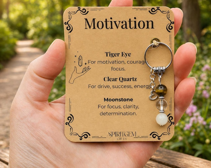 Personalised Motivation Keyring, Tiger Eye, Clear Quartz, Moonstone Gemstone Aid
