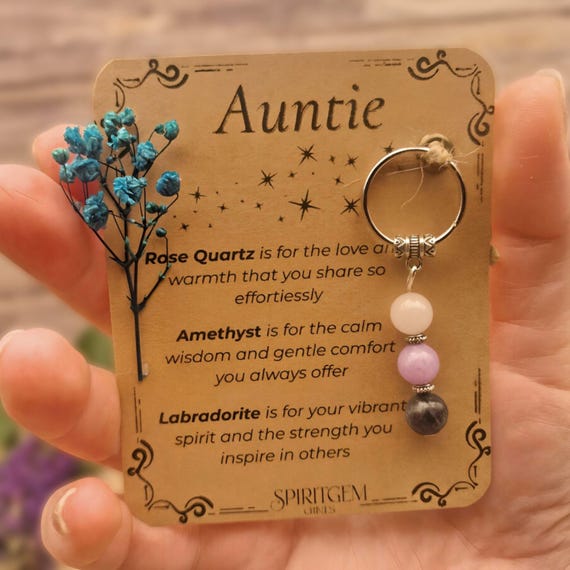 PERSONALISED AUNTIE crystal keyring gift with message card. Gemstone gift for aunt . Auntie Keepsake  Best Auntie. Birthday. New Aunts gift