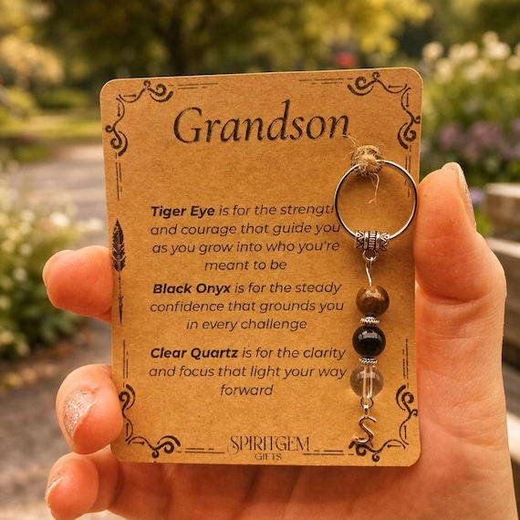 PERSONALISED GRANDSON keyring. Gift from Grandma or Grandad, Meaningful Keepsake for Boy, Birthday Crystal Keyring, Gift for Teen