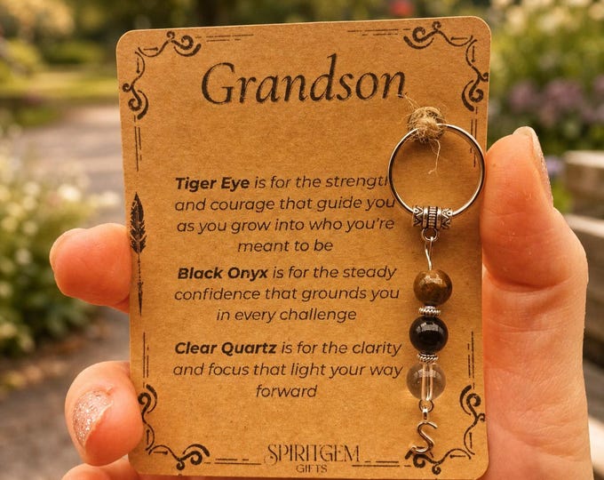 Personalised Grandson Keyring, Tiger Eye, Black Onyx, Clear Quartz, Keepsake