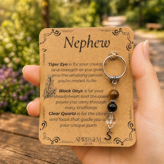 PERSONALISED NEPHEW keyring. Gift for Nephew from Aunt or Uncle, Crystal Keyring with Meaning, Birthday Keepsake for Teen Boy