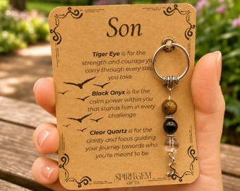 PERSONALISED SON keyring. Gift from Mum or Dad, Crystal Keyring with Meaning, Birthday Keepsake for Teen Boy, Inspirational Gift