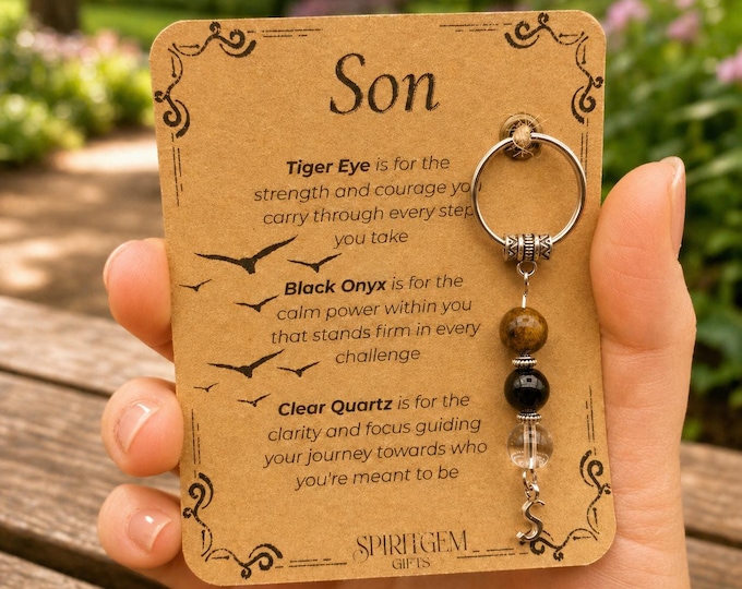 PERSONALISED SON keyring. Gift from Mum or Dad, Crystal Keyring with Meaning, Birthday Keepsake for Teen Boy, Inspirational Gift