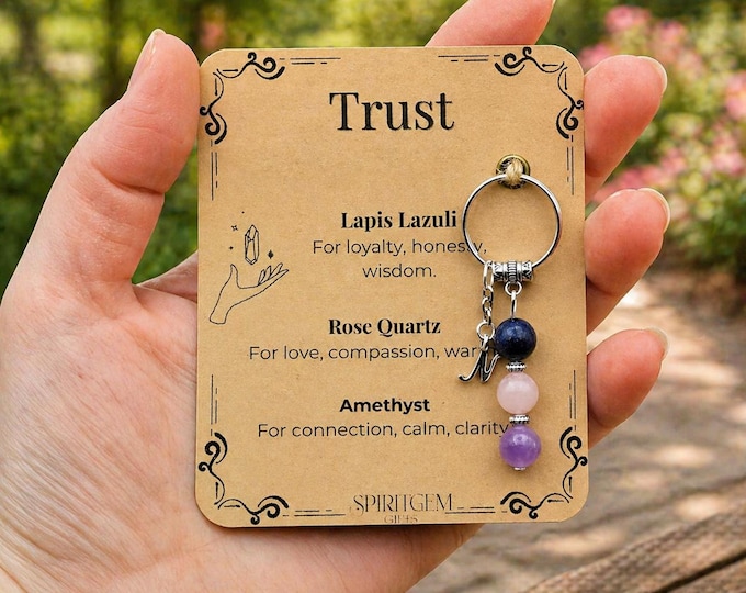 Personalised Trust Keyring, Lapis Lazuli, Rose Quartz, Amethyst, Loyalty Gift