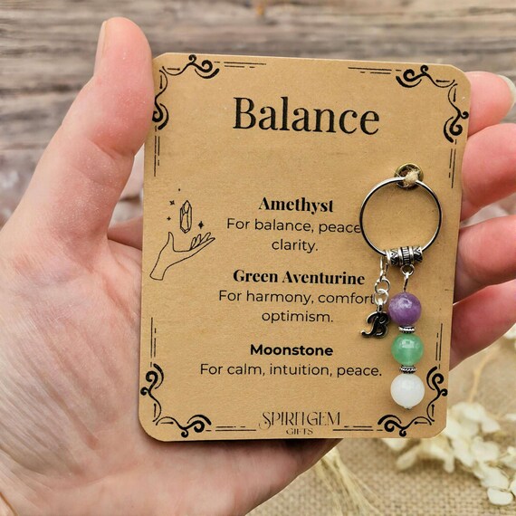 Personalised Balance Crystal Keyring, Work Life Harmony, Moonstone Amethyst Calm, New Mum Gift, Menopause Support