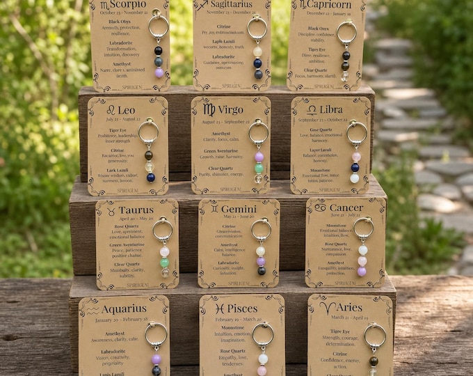 Personalised Zodiac Crystal Keyring, Natural Gemstones, Birthday Gift