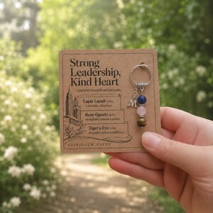 May include: A silver-toned metal ring charm featuring a dangling letter M, a deep blue lapis lazuli bead, a pale pink rose quartz bead, and a brown tiger's eye bead, attached to a tan card with the text Strong Leadership, Kind Heart.