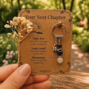May include: A keyring on a brown card labelled Your Next Chapter, featuring a silver ring, a letter M charm, and three beads: brown Tiger Eye, blue Lapis Lazuli, and white Moonstone. A sprig of dried baby's breath is attached to the left side of the card.