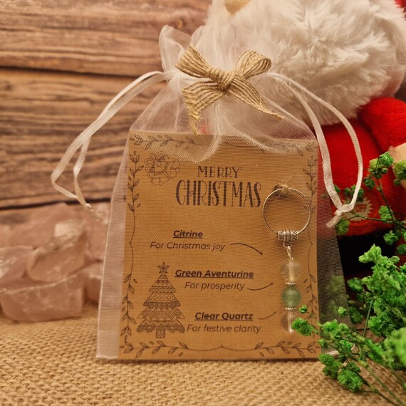 Christmas Crystal Keyring with Citrine Aventurine Quartz Festive Healing Stocking Filler Gift
