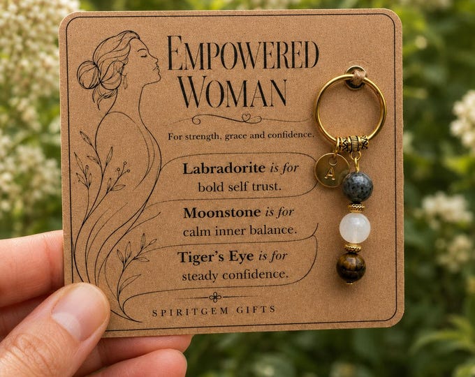 Empowered Woman Crystal Keyring Gift for Her, Personalised Gold Tone Initial Keychain