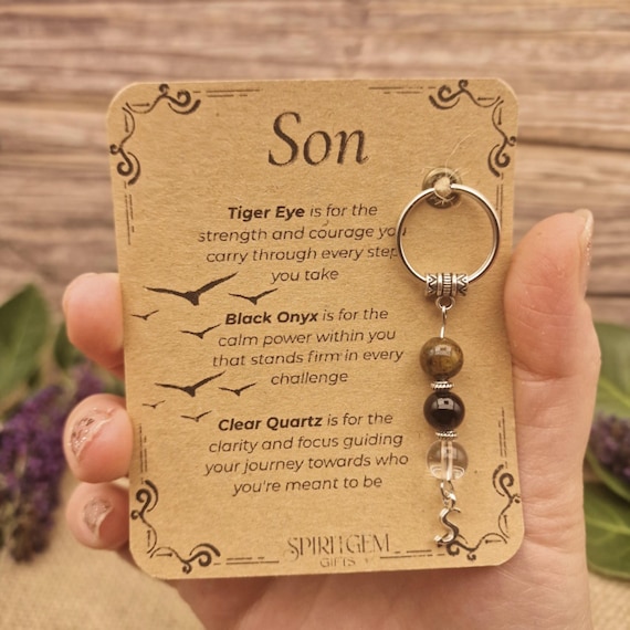 PERSONALISED SON keyring. Gift from Mum or Dad, Crystal Keyring with Meaning, Birthday Keepsake for Teen Boy, Inspirational Gift