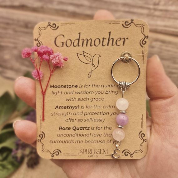PERSONALISED GODMOTHER keyring. Gift for Godmother, Crystal Keyring with Meaning, Thank You Keepsake, Birthday Present from Godchild