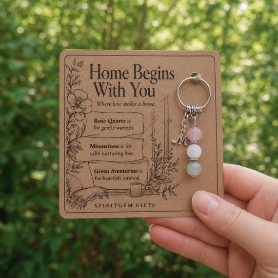 Personalised NEW HOME Crystal Keyring with Illustrated Keepsake Card Housewarming Gift