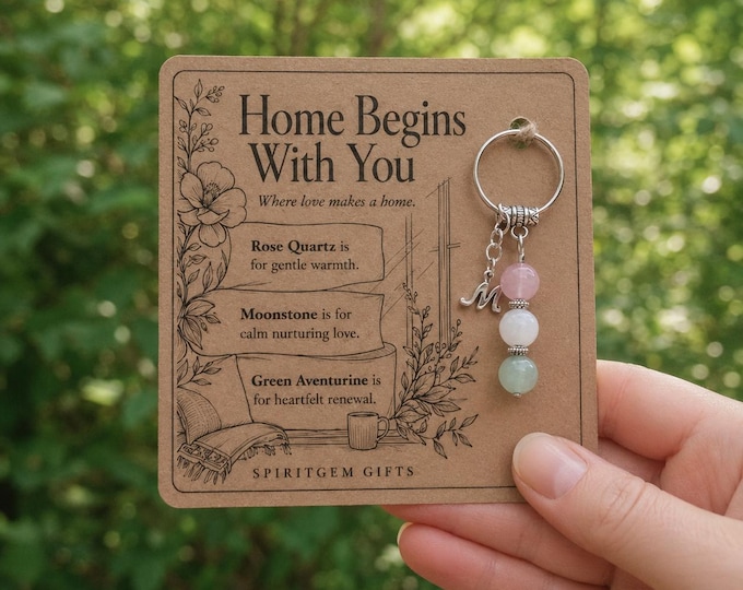 Personalised NEW HOME Crystal Keyring with Illustrated Keepsake Card Housewarming Gift