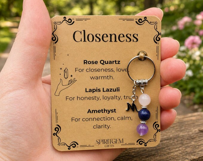 Personalised Gemstone Closeness Keyring, Rose Quartz Lapis Amethyst Charm