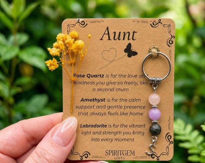 Personalised Aunt Crystal Keychain, Rose Quartz, Amethyst, Labradorite Keepsake