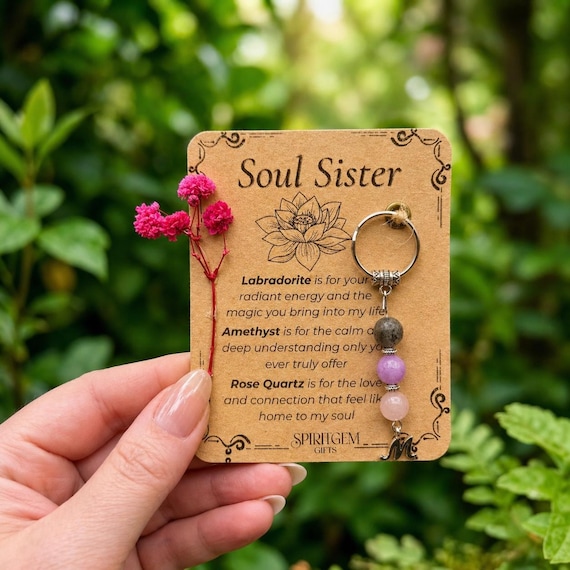 PERSONALISED SOUL SISTER keyring. Gift for Bestie, Best Friend, Bff, Crystal Keyring with Meaning, Birthday Gift for Her, Spiritual Keepsake