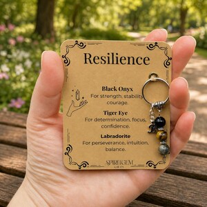 May include: A keychain with a card that reads "Resilience." The keychain has a silver ring with three gemstone beads: black onyx, tiger eye, and labradorite. The card lists the properties of each stone.