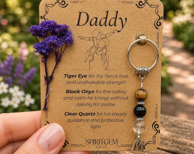 Daddy Gemstone Keychain, Tiger Eye, Black Onyx, Clear Quartz, Handmade UK