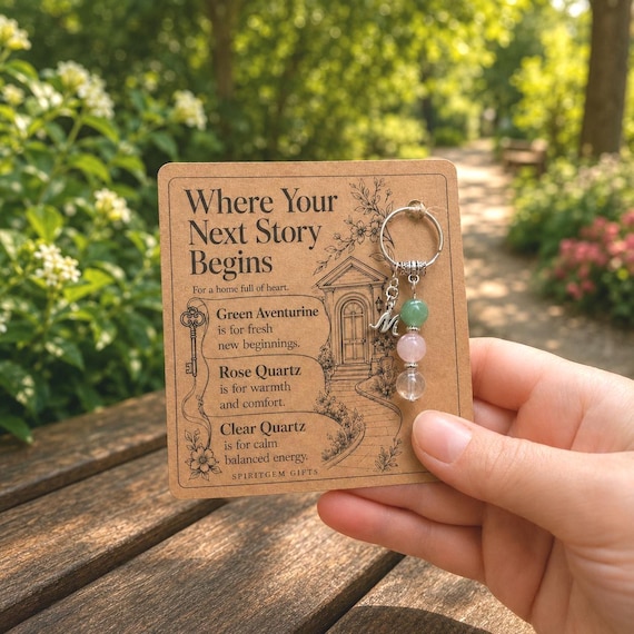 PERSONALISED HOUSEWARMING Crystal Keyring, New Home Gift with Illustrated Keepsake Card