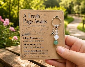 May include: A silver-toned metal ring charm featuring a letter M pendant, a clear quartz bead, a moonstone bead, and a green aventurine bead. The charm is attached to a tan card with the text A Fresh Page Awaits and descriptions of the stones.