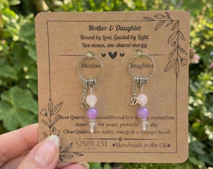 Mother Daughter Keychain Set, Rose Quartz Amethyst Crystal Keepsake, Handmade UK