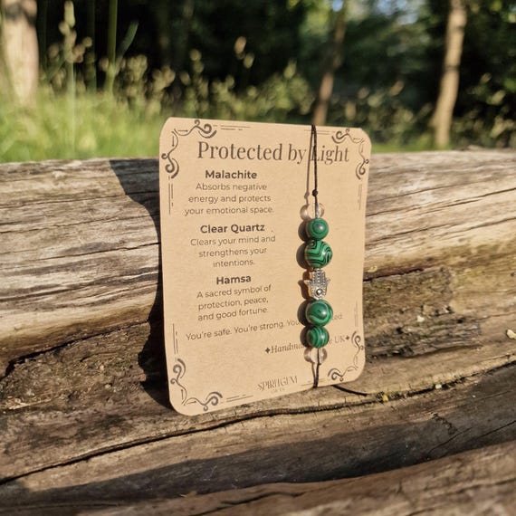 Malachite & Quartz Hamsa Bracelet: Crystal Healing, Anxiety Relief