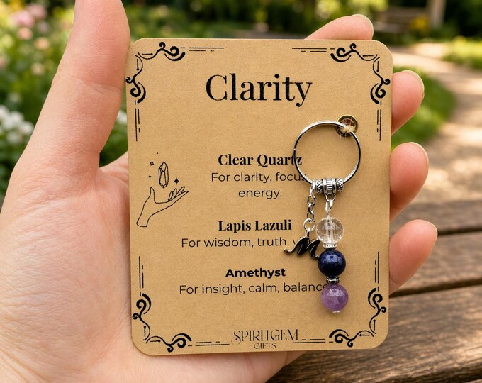 Personalised Gemstone Keyring, Clarity Focus Gift, Good Luck Charm, Keepsake