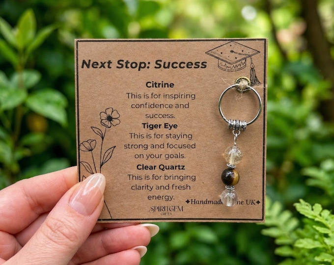 Personalised Success Crystal Keyring, Citrine Tiger Eye Clear Quartz, Graduation Gift